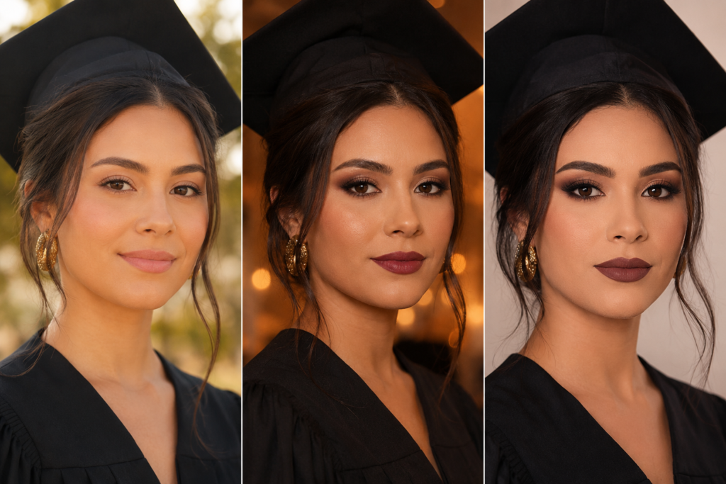 Comparativo de maquiagem de formatura: visual de dia, de noite e para fotos, lado a lado