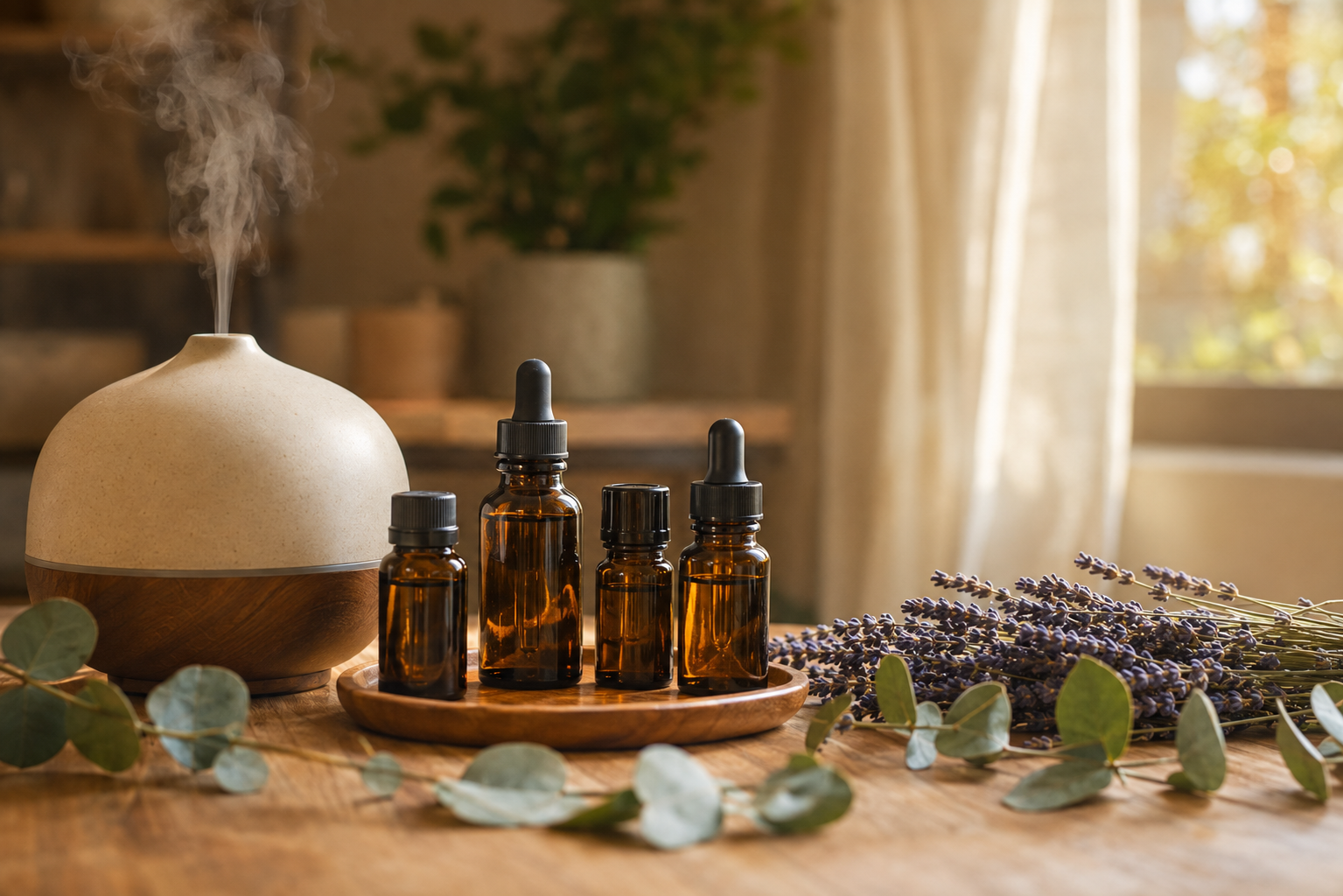 O que é aromaterapia: difusor com vapor, frascos de óleos essenciais, lavanda e eucalipto sobre mesa de madeira