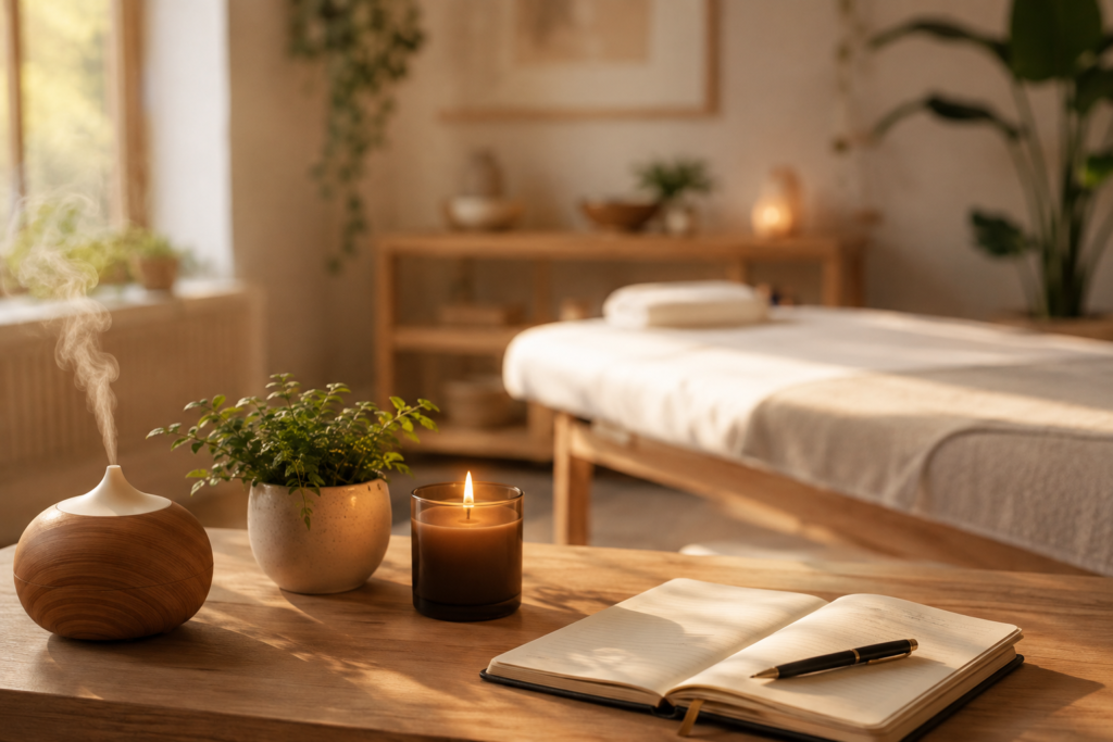 mesa de madeira clara com difusor de óleos essenciais, vela acesa, planta e caderno aberto, com maca de terapia desfocada ao fundo, representando o ambiente de terapia holística