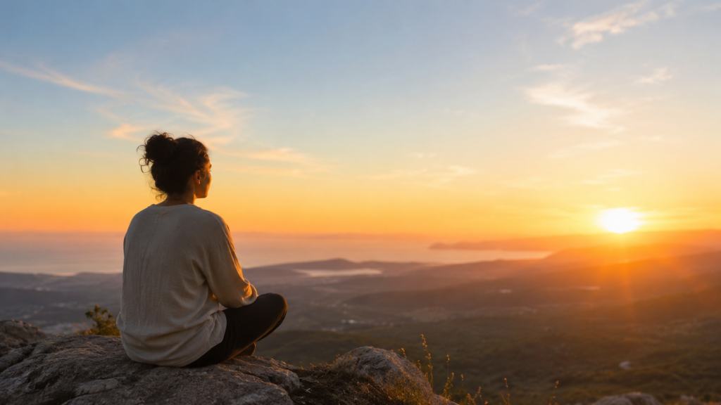 pessoa sentada no topo de uma montanha observando o horizonte ao pôr do sol, simbolizando o início de uma jornada na terapia holística