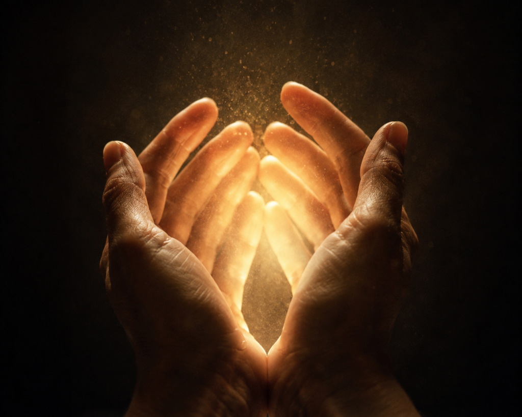 mãos em concha com um brilho de luz dourada emanando do centro, ilustrando o conceito da energia vital universal (Ki)