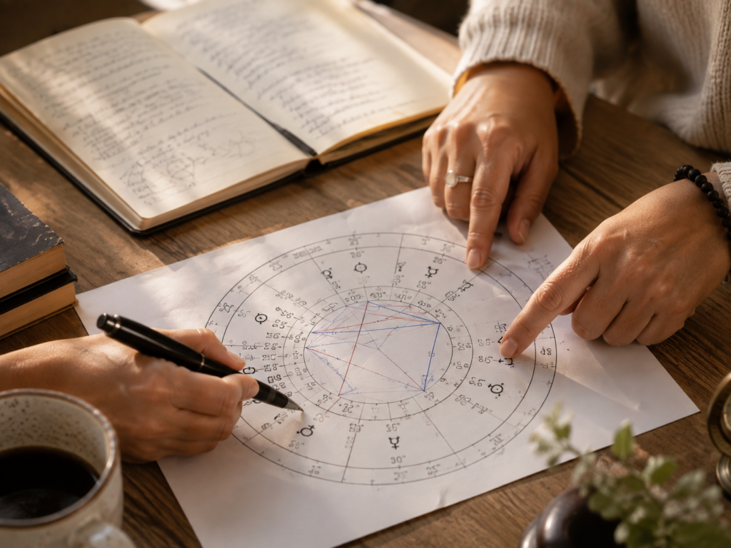 mãos apontando e anotando sobre um mapa astral impresso, ilustrando o processo de leitura e interpretação