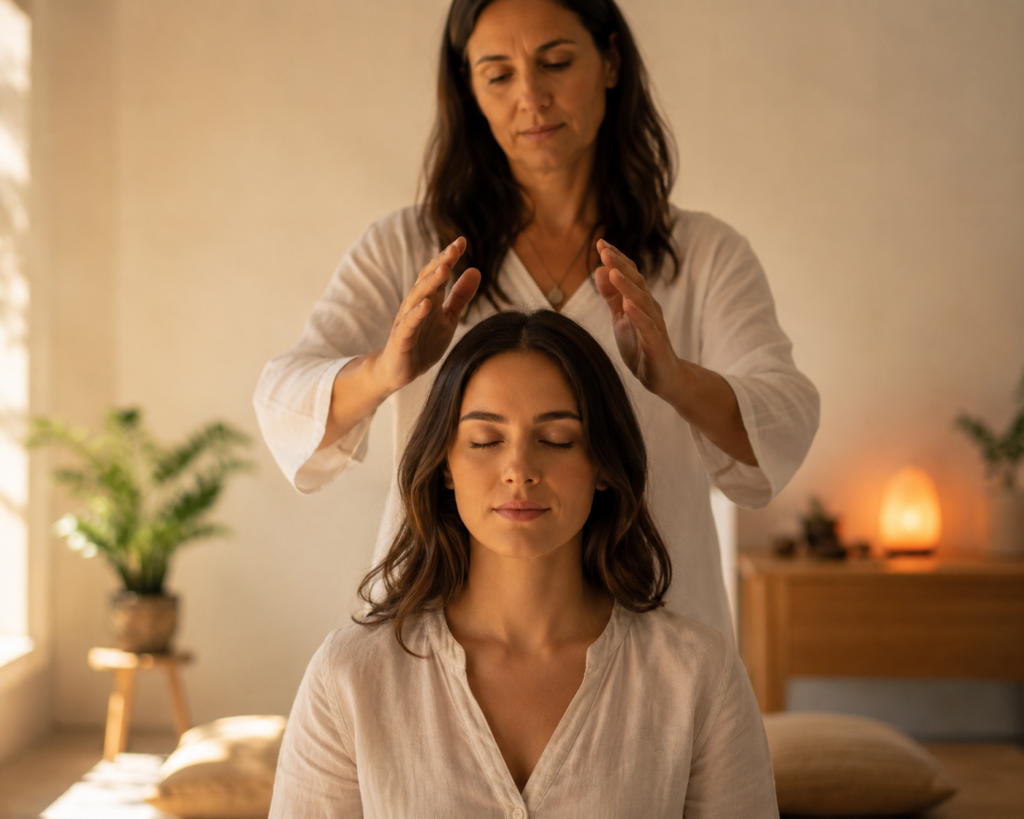 terapeuta em pé atrás de uma aluna sentada, com as mãos levantadas próximas à cabeça em gesto de sintonização de reiki