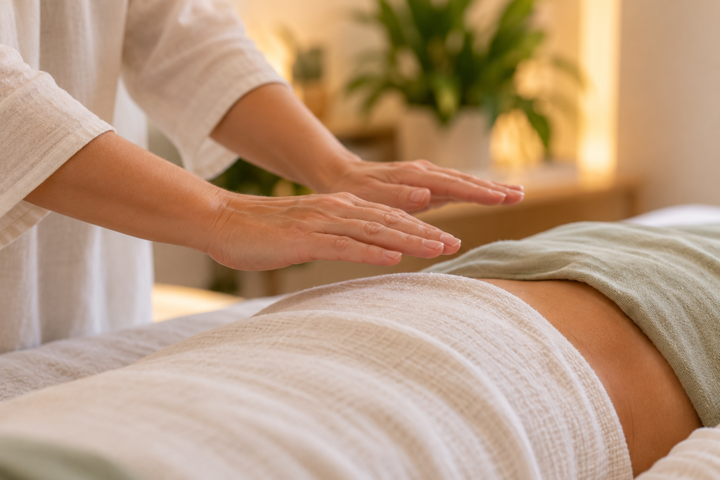 Mãos de um terapeuta em posição de imposição durante um atendimento de reiki