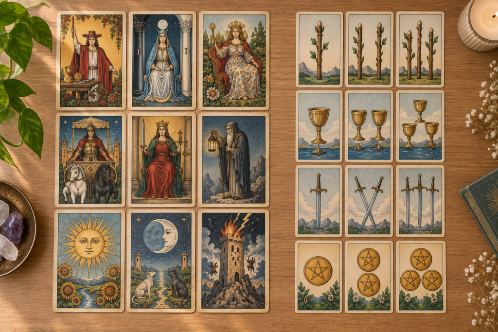 Baralho de tarô com os Arcanos Maiores e os quatro naipes dos Arcanos Menores dispostos sobre uma mesa