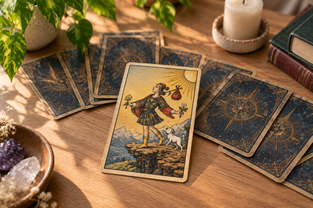 O Louco tarô: carta 0 dos Arcanos Maiores, com a figura de um viajante de trouxa nas costas, ao lado de outras cartas de um baralho sobre uma mesa