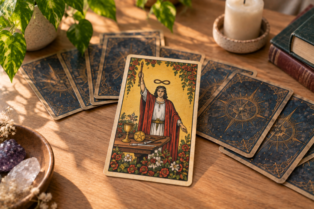 O Mago tarô: carta I dos Arcanos Maiores, com a figura de pé diante de uma mesa com os quatro naipes do tarô, ao lado de outras cartas de um baralho