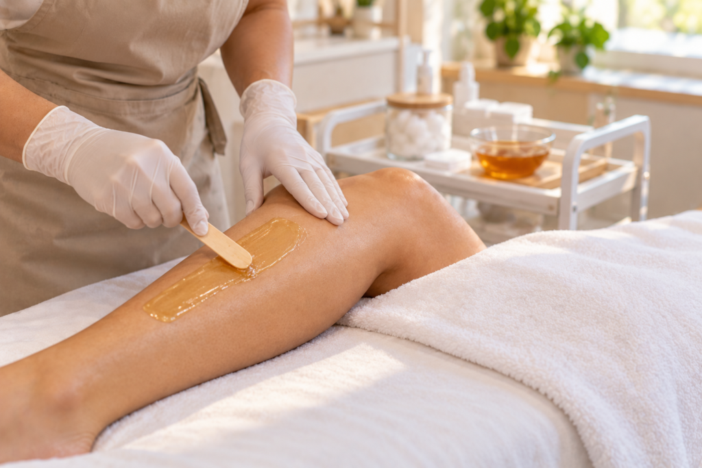 Profissional aplicando cera em um atendimento de depilação em um salão de beleza