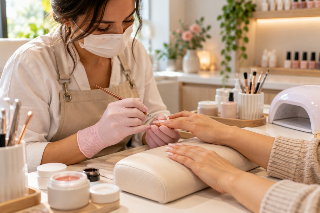 Nail designer aplicando gel na unha de uma cliente em estúdio de unhas