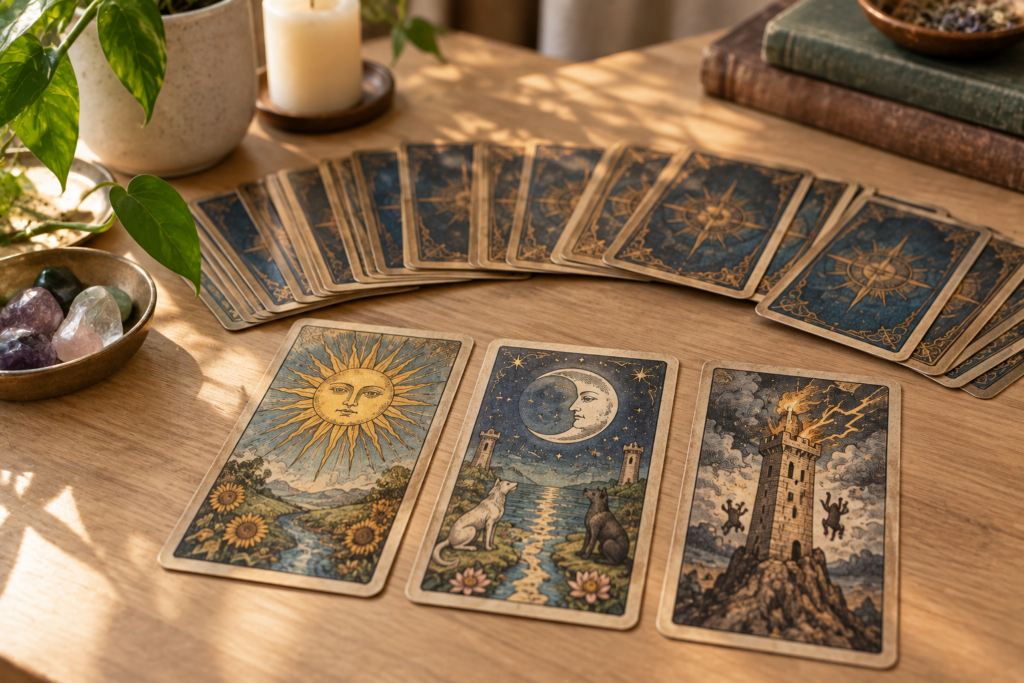 O que é tarô: baralho de 78 cartas ilustradas espalhado sobre uma mesa, com três cartas viradas em fila