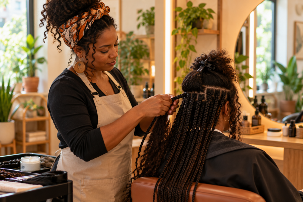 Trancista fazendo tranças no cabelo de uma cliente em um salão