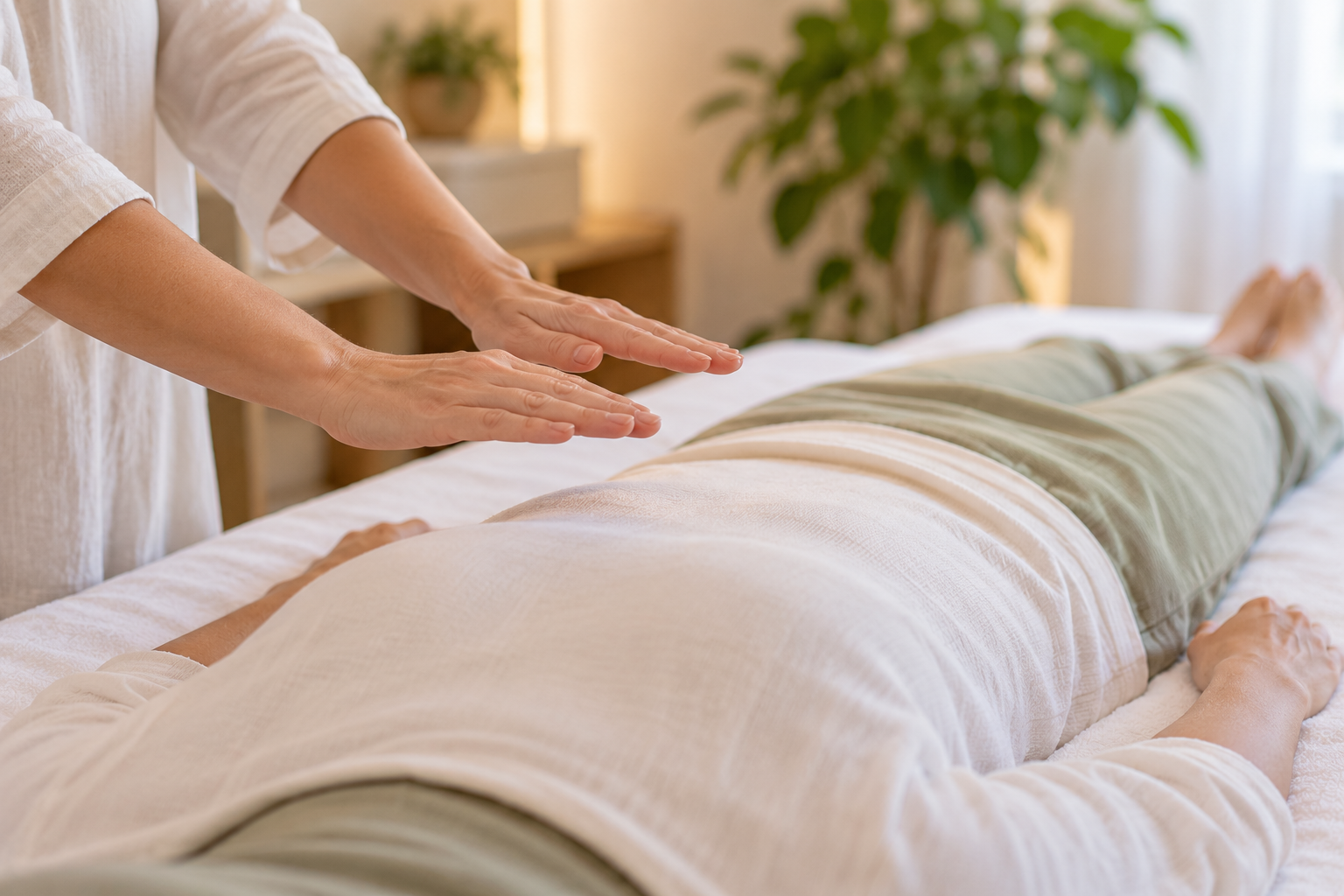 Terapeuta de reiki com as mãos posicionadas sobre o corpo de um cliente durante um atendimento