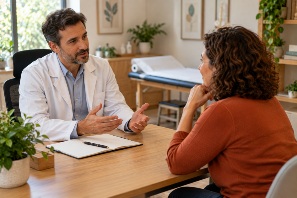 Consulta de quiropraxia em que o profissional conversa com o paciente sentado, com uma mesa de atendimento acolchoada ao fundo