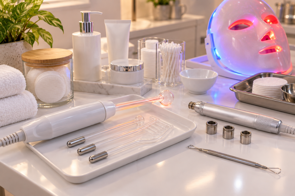 Bancada de clínica de estética com aparelho de alta frequência, ponteira de peeling de diamante, extrator de cravos e máscara de LED azul e vermelho usados no procedimento de limpeza de pele.