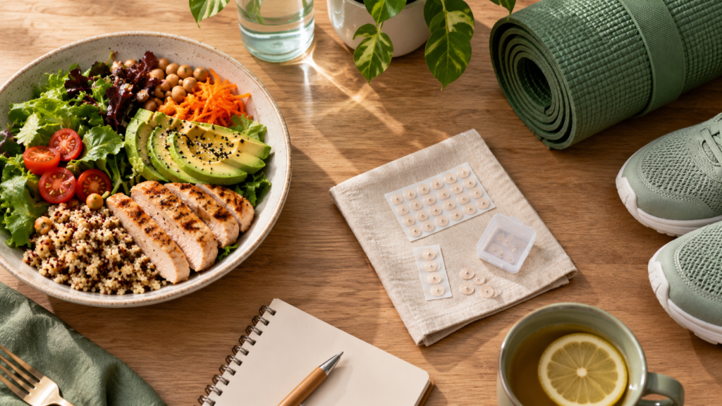 Alimentação equilibrada, tapete de yoga e kit de sementes de auriculoterapia lado a lado, ilustrando a técnica como parte de um conjunto de hábitos saudáveis