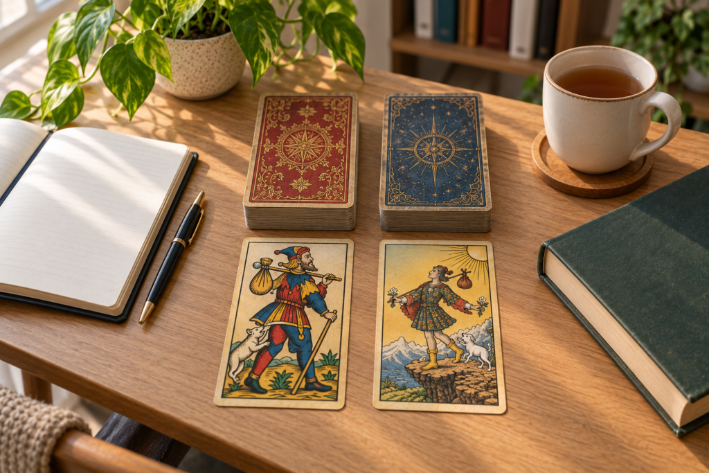 Baralhos de tarô de Marselha e Rider-Waite-Smith, caderno de anotações e livro sobre uma mesa de estudo
