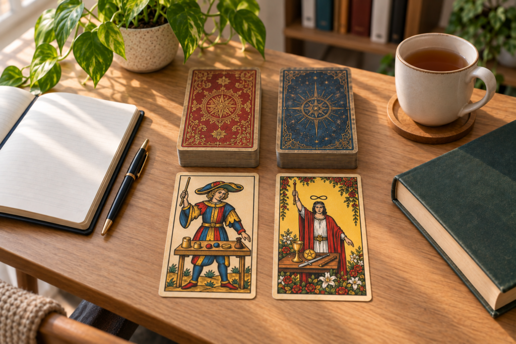 Baralhos de tarô de Marselha e Rider-Waite-Smith, caderno de anotações e livro sobre uma mesa de estudo