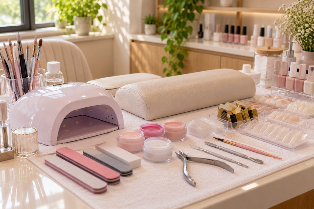 Ferramentas e materiais usados por um nail designer no atendimento