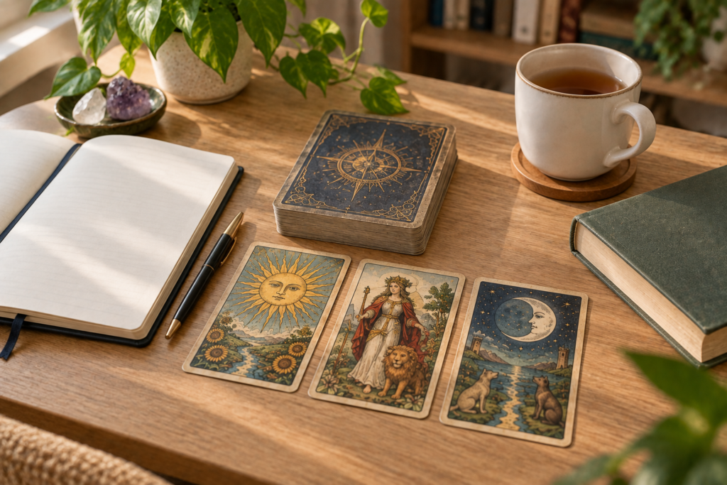Baralho de tarô, caderno de anotações e xícara sobre uma mesa de estudo, com materiais de apoio à leitura