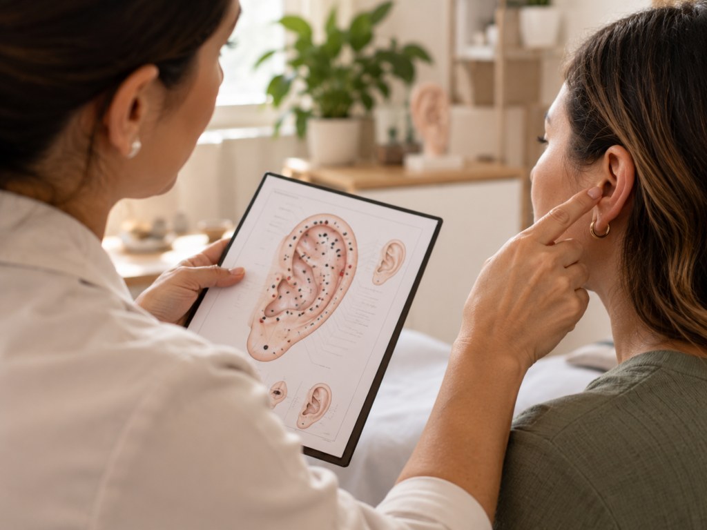 Terapeuta consultando mapa de pontos auriculares enquanto examina com cuidado a orelha da paciente, ilustrando a interpretação profissional do mapa auricular