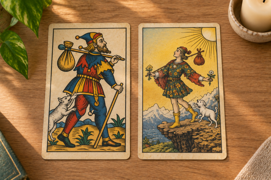 Duas versões da carta O Louco lado a lado: a figura barbada do Tarô de Marselha e o jovem à beira do precipício do Rider-Waite-Smith