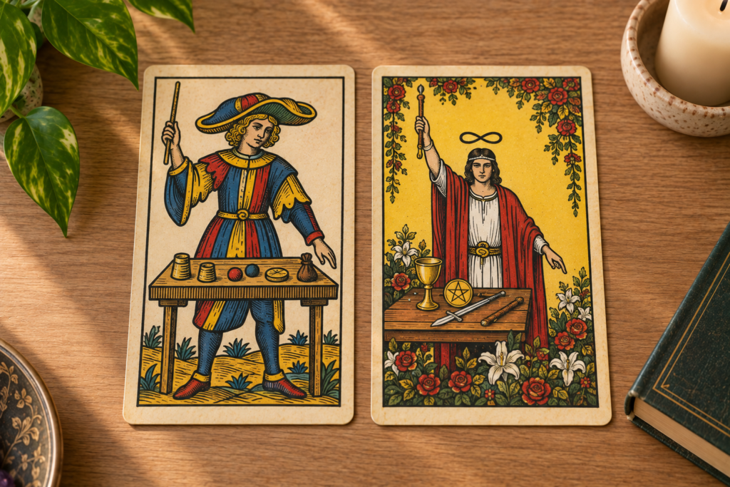 Duas versões da carta O Mago lado a lado: o artista de rua ambulante do Tarô de Marselha e o jovem diante da mesa com os quatro naipes no Rider-Waite-Smith