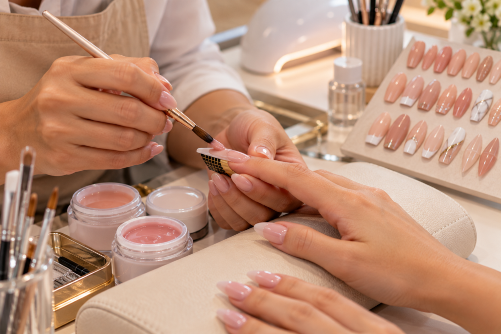 Nail designer trabalhando com técnicas de alongamento e decoração de unhas