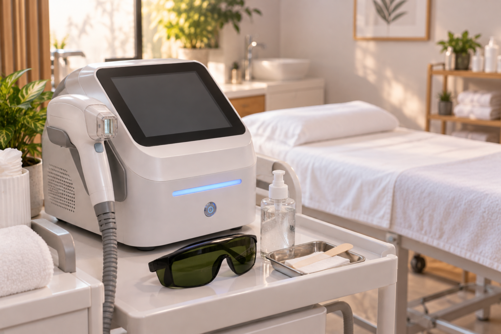 Cabine de estética com aparelho de depilação a laser, caneta aplicadora, óculos de proteção ocular e gel de contato, ilustrando as tecnologias usadas no procedimento.