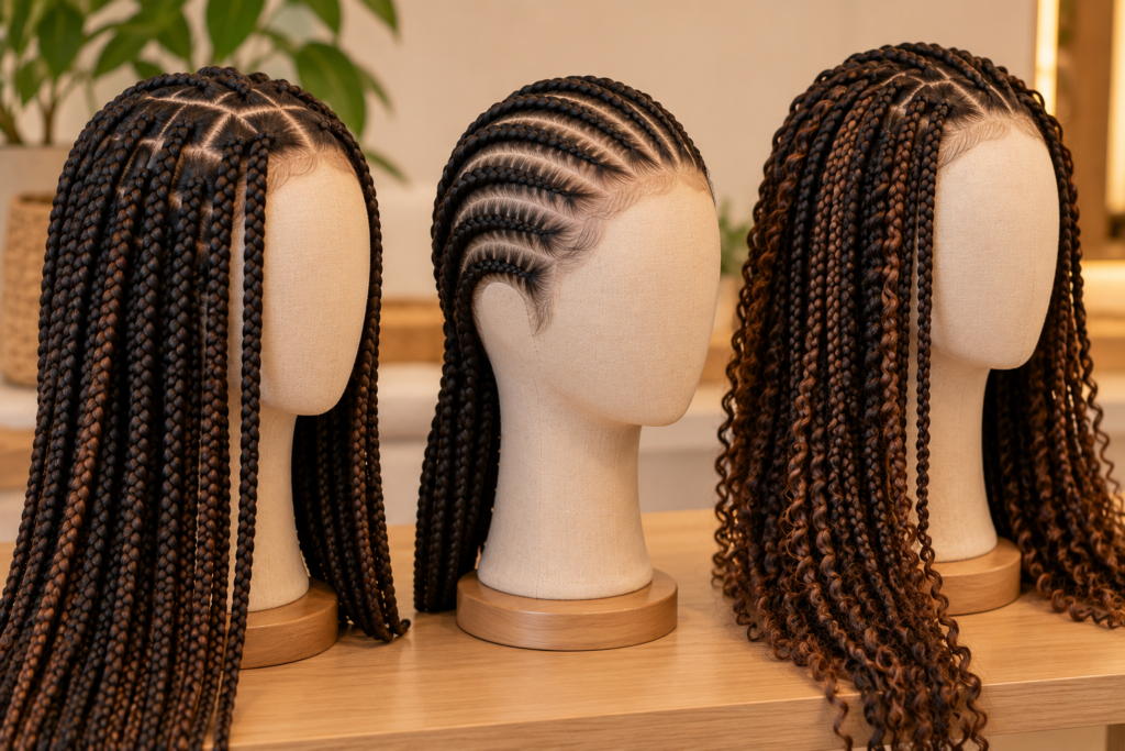 Cabeças de manequim com diferentes tipos de trança, como box braids e tranças rentes ao couro cabeludo