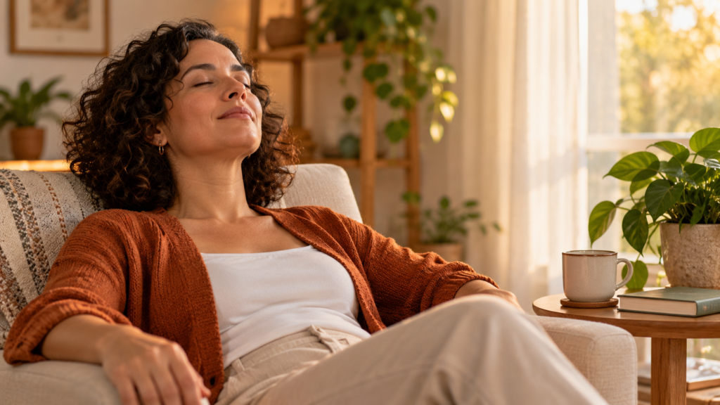 Mulher relaxando tranquilamente em poltrona confortável, olhos fechados, ilustrando o convite a experimentar a auriculoterapia