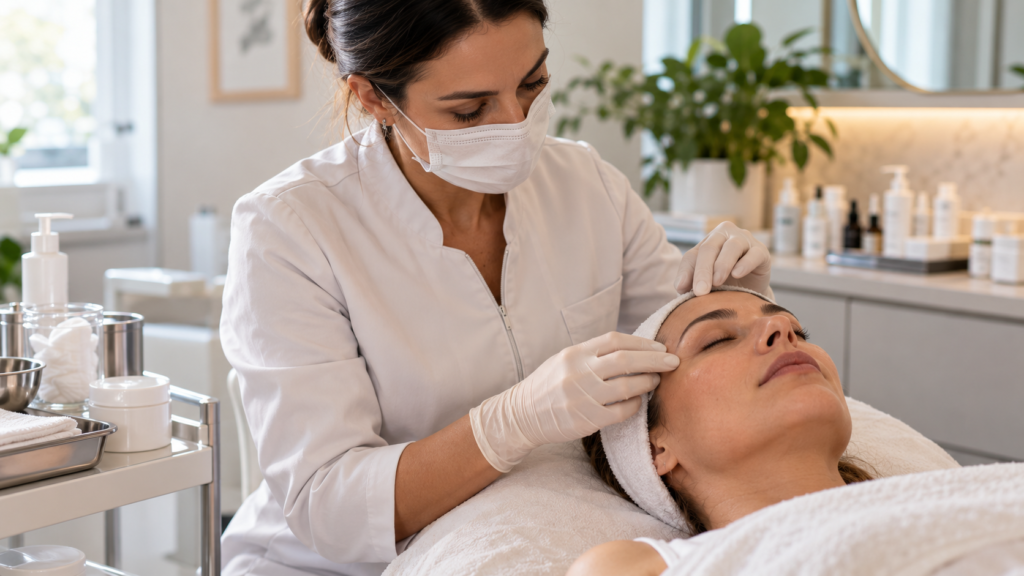 Profissional de estética com luvas e máscara aplicando tratamento facial com técnica precisa e cuidadosa