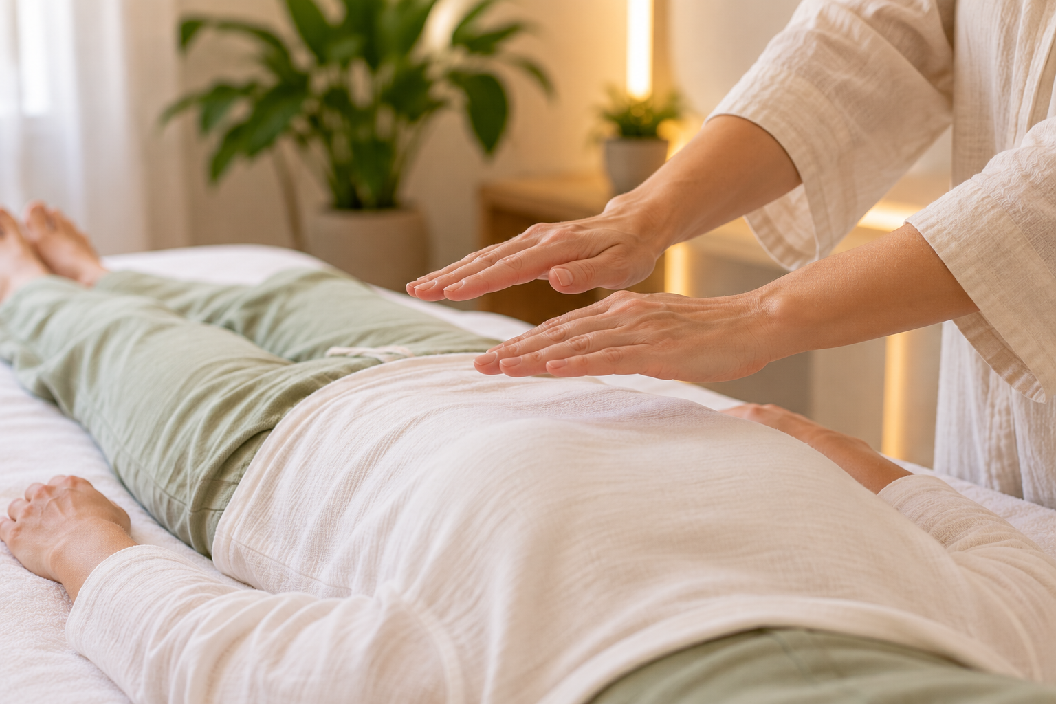 Terapeuta de reiki com as mãos em posição de imposição durante um atendimento calmo