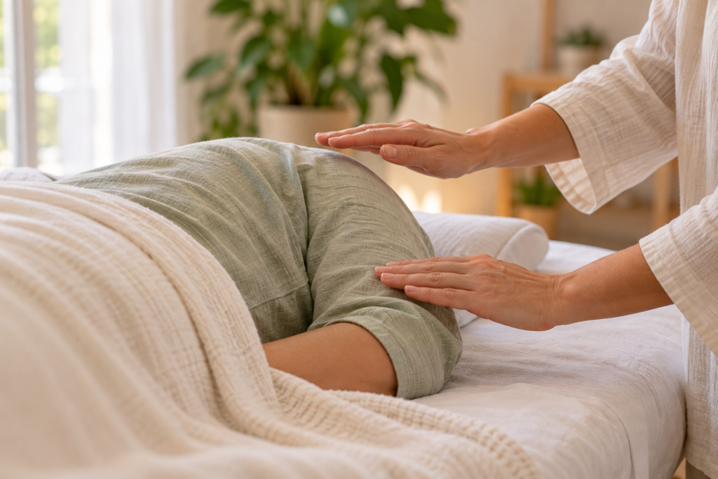 Mãos de um terapeuta em posição de imposição sobre um cliente, em ambiente calmo