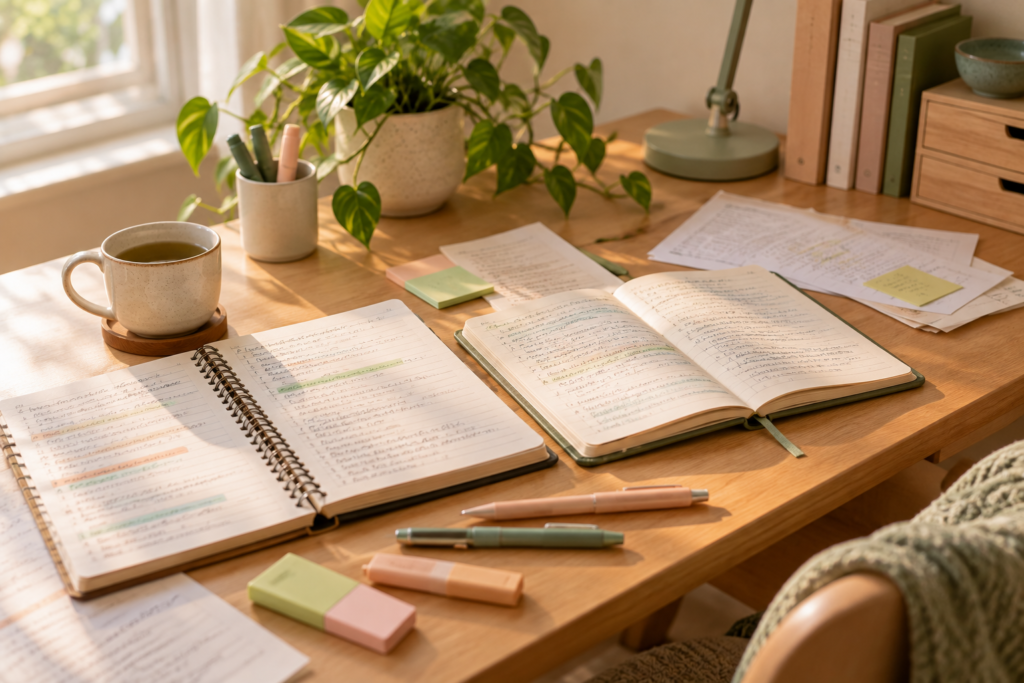 Mesa de estudo com cadernos abertos usada para comparar as tradições de reiki