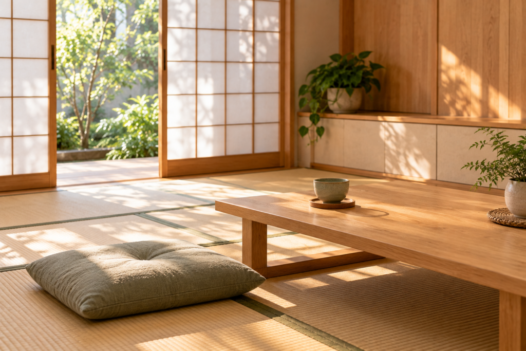Sala minimalista de inspiração japonesa, com tatame e luz suave, para ilustrar as tradições japonesas